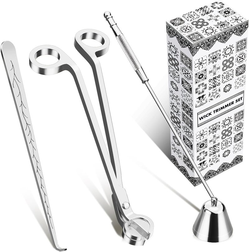 calary Candle Wick Trimmer, Candle Snuffer and Wick Dipper & Candle Accessory Set, 3 in 1 Candle Care Kit for Candle Lover (Silvery) - Image 1