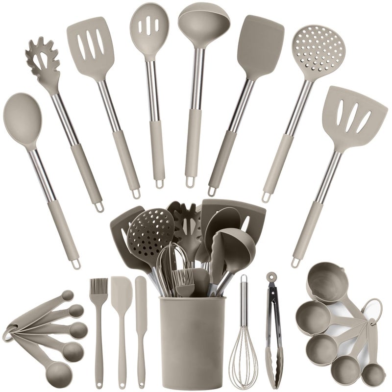 Silicone Kitchen Utensils Set  Culinary Couture 24Pieces Khaki Silicone Cooking Utensils Set for Nonstick Cookware  Silicone Spatulas Set Stainless Steel Handle  Other Kitchen accessories