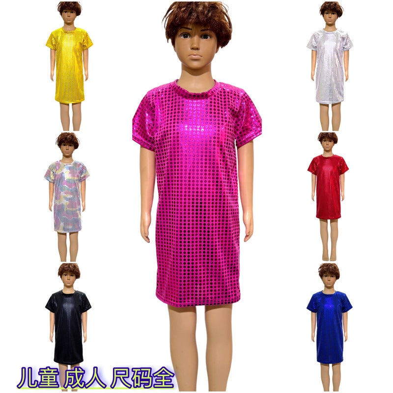 Stage Costume Parent-Child Dress Polka Dot Sequins Short Sleeve Round Neck Dress Straight T-Shirt Skirt - Image 2