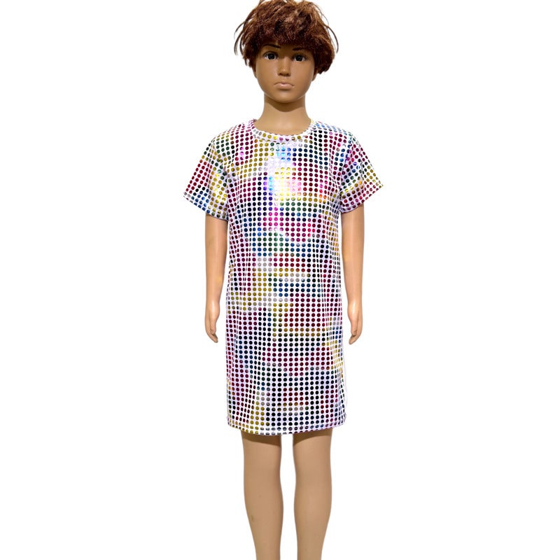 Stage Costume Parent-Child Dress Polka Dot Sequins Short Sleeve Round Neck Dress Straight T-Shirt Skirt - Image 4