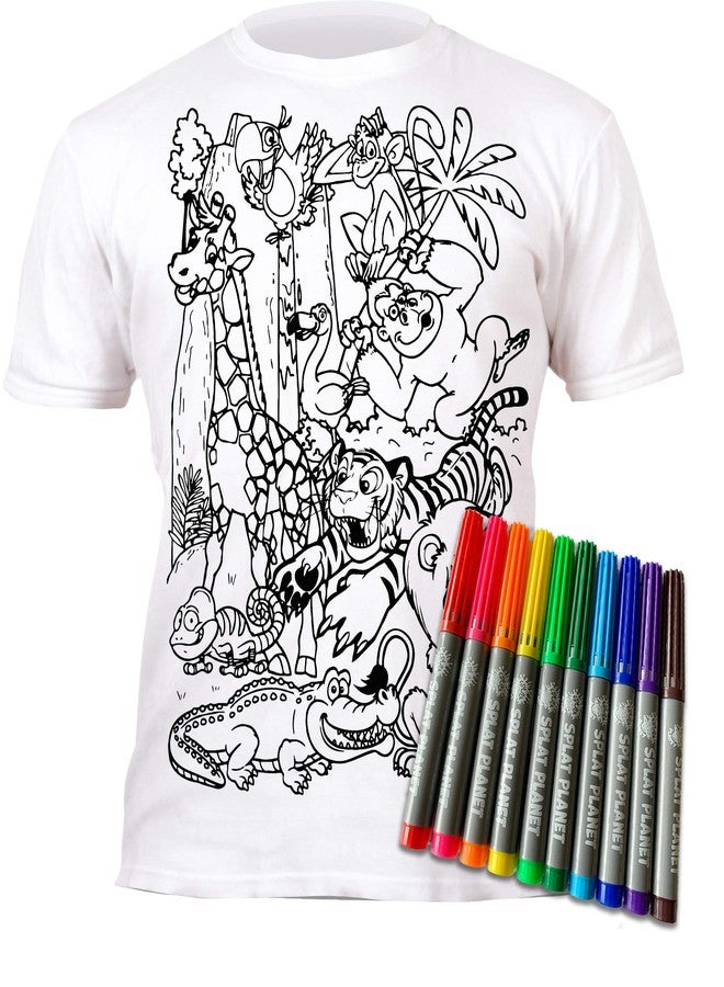 Splat Planet Color in Zoo, Safari and Jungle Animals T-Shirt with 10 Non-Toxic Washable Magic Pens - Color in and Wash Out and Color in Again T-Shirt… (Age 5-6) White - Image 1