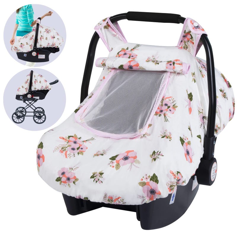 SMTTW Baby Car Seat Covers, Infant Car Canopy for Spring Summer Autumn Winter, Universal Fit, Snug Warm Breathable, Car Seat Canopy for Boys Girls (White Flower) - Image 1
