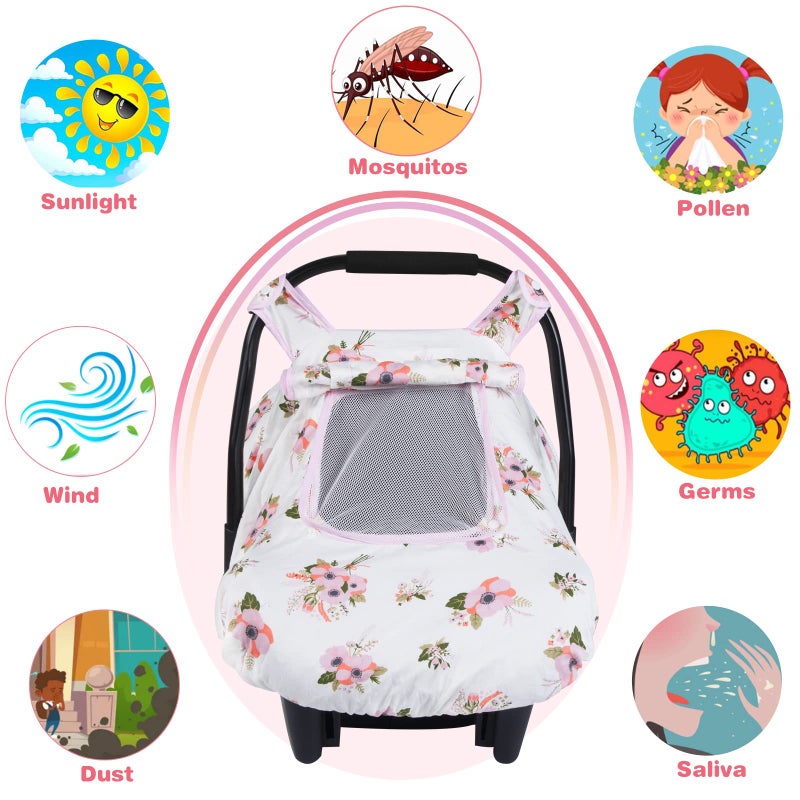 SMTTW Baby Car Seat Covers, Infant Car Canopy for Spring Summer Autumn Winter, Universal Fit, Snug Warm Breathable, Car Seat Canopy for Boys Girls (White Flower) - Image 3