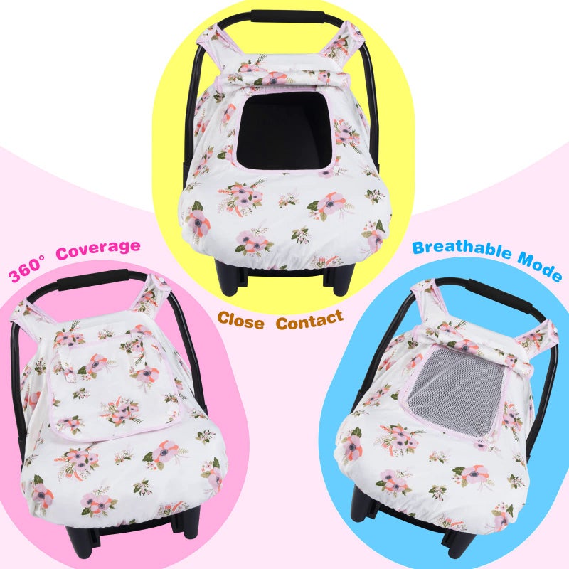 SMTTW Baby Car Seat Covers, Infant Car Canopy for Spring Summer Autumn Winter, Universal Fit, Snug Warm Breathable, Car Seat Canopy for Boys Girls (White Flower) - Image 4