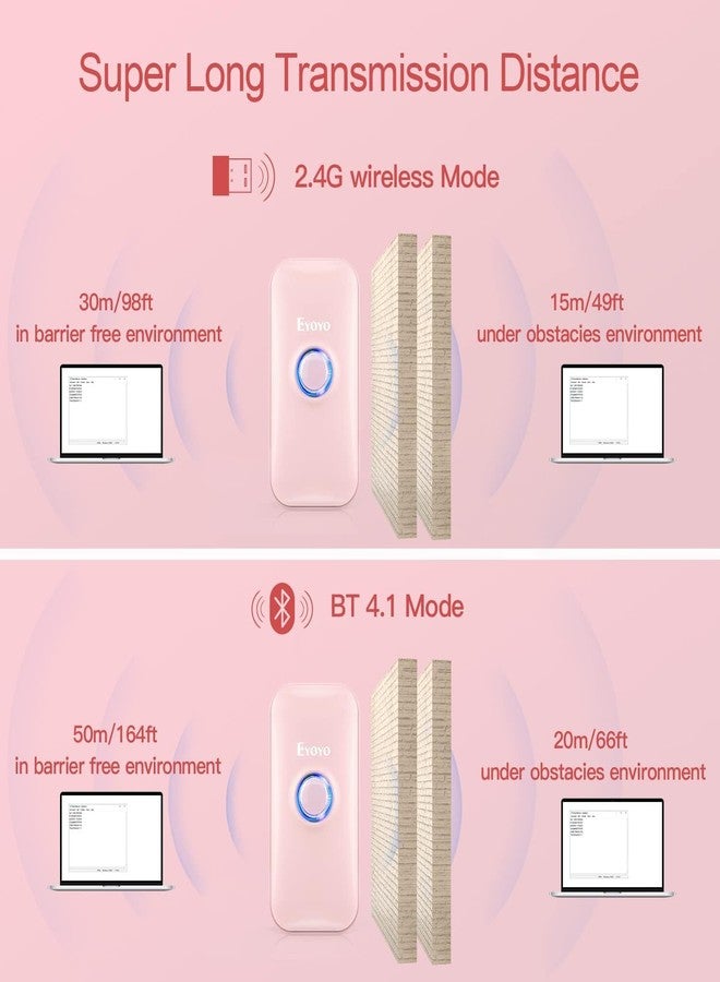 Eyoyo1D Mini Bluetooth Barcode Scanner, 3-in-1 Bluetooth & USB Wired & 2.4G Wireless Barcode Reader Portable Bar Code Scanning Work with Computers, Android, iOS, Tablets or Windows(Pink) - Image 4