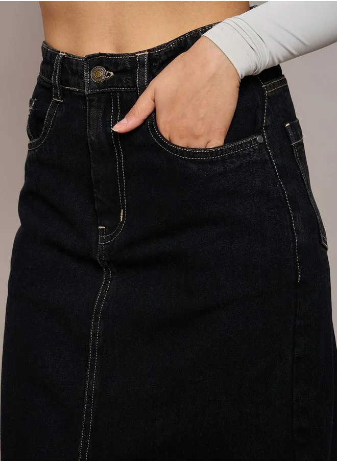 SASSAFRAS Plain Front Slit Denim A-Line Midi Skirt by Styli