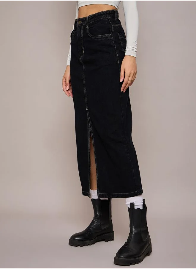 SASSAFRAS Plain Front Slit Denim A-Line Midi Skirt by Styli