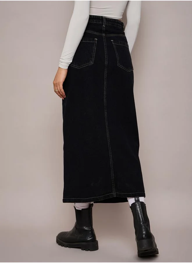 SASSAFRAS Plain Front Slit Denim A-Line Midi Skirt by Styli
