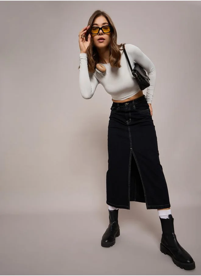 SASSAFRAS Plain Front Slit Denim A-Line Midi Skirt by Styli