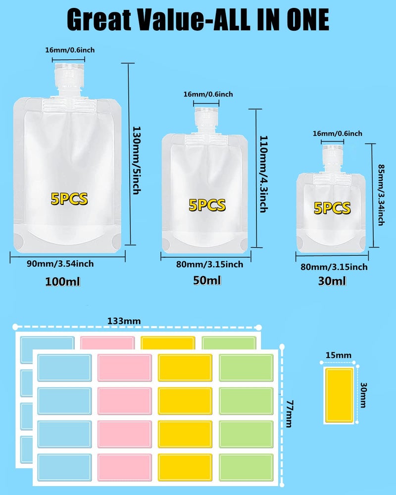 SEQUHITKU 17 Pack Travel Pouches for Toiletries,TSA Approved,Travel Size Portable Containers,Stand Up Pouch,Refillable Travel Accessories for Shampoo Conditioner Lotion Soap Liquids (B-17pcs) - Image 2