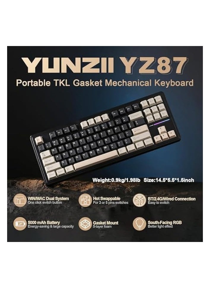 PROMASS - YZ87 Gasket Mechanical Keyboard，TKL Wireless Hot Swappable Gaming Keyboard with 4-Layer Padding, BT5.0/2.4G/USB-C NKRO RGB Backlit Gaming Keyboard for Win/Mac(Black,Milk Switch) - Image 1