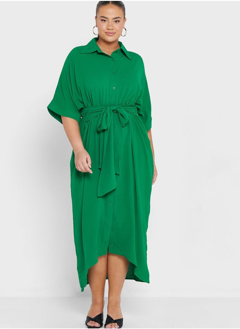Ginger Plus - Belted Asymmetrical Hem Shirt Dress - Image 1
