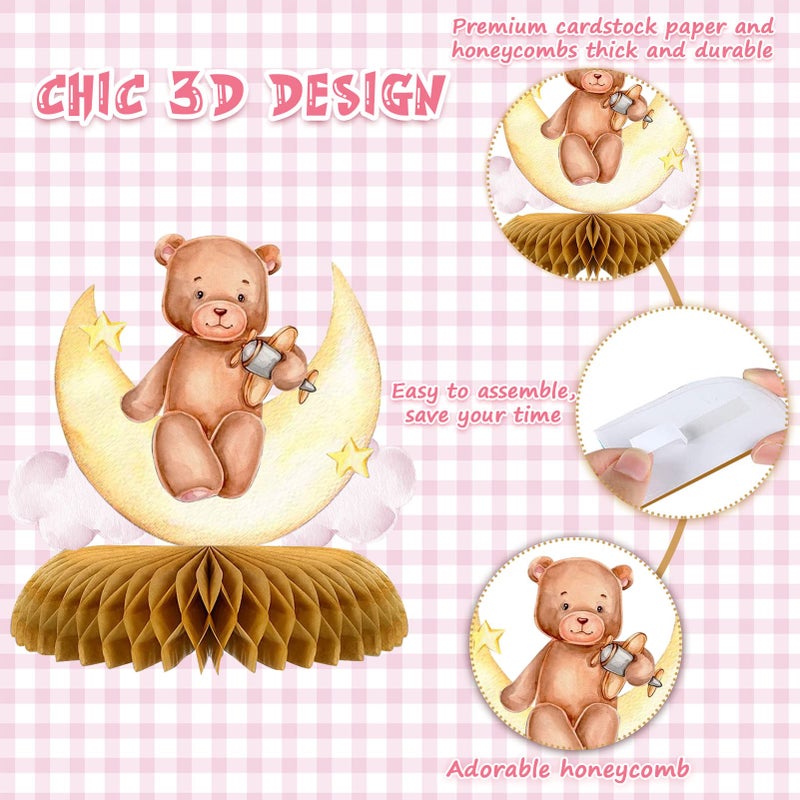 Tarklanda 9 Pcs Bear Baby Shower Honeycomb Centerpieces Party Decorate Pink Little Bear Balloons Paper Topper Honeycomb 3D Table Decoration for Kids Party Baby Shower Party Supplies - Image 3
