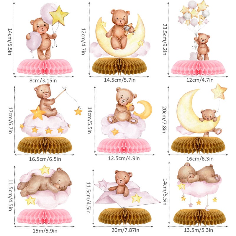 Tarklanda 9 Pcs Bear Baby Shower Honeycomb Centerpieces Party Decorate Pink Little Bear Balloons Paper Topper Honeycomb 3D Table Decoration for Kids Party Baby Shower Party Supplies - Image 2