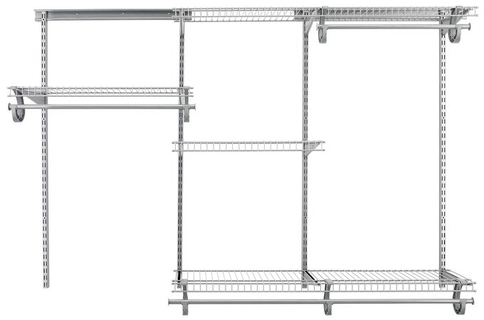 SHELFTRACK WIRE CLOSET ORGANIZER SYSTEM ADJUSTABLE FROM 4 TO 6 FT WITH SHELVES CLOTHES RODS HARDWARE DURABLE STEEL SATIN CHROME