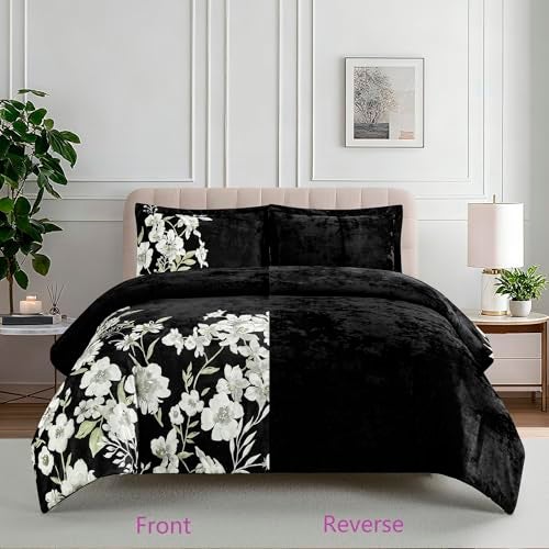 Sunshine Nicole Reversible Comforter Set, Printed Distressed Velvet Front and Sold Distressed Velvet Reverse, 3 Pieces Black Queen, with Soft Polyester Fill - Image 2