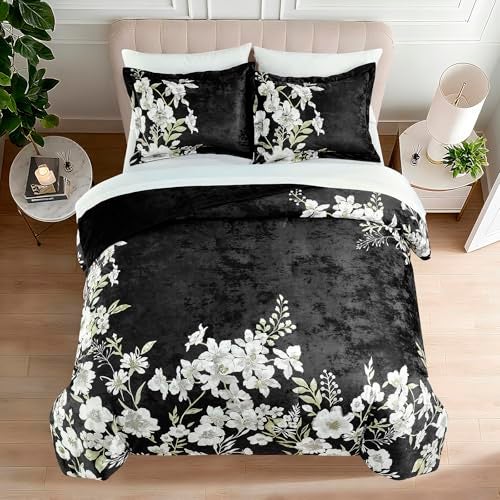 Sunshine Nicole Reversible Comforter Set, Printed Distressed Velvet Front and Sold Distressed Velvet Reverse, 3 Pieces Black Queen, with Soft Polyester Fill - Image 1