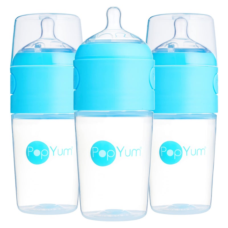 PopYum 9 oz Blue Anti-Colic Formula Making/Mixing/Dispenser Baby Bottles, 3-Pack with #2 Medium Flow Nipples, 260 ml, BPA-Free, Natural Latch - Image 1