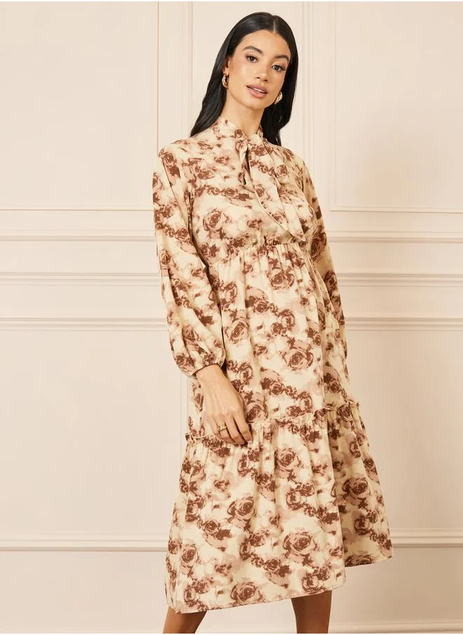 ستايلي Floral Print Tie Up Neck A-Line Midi Dress