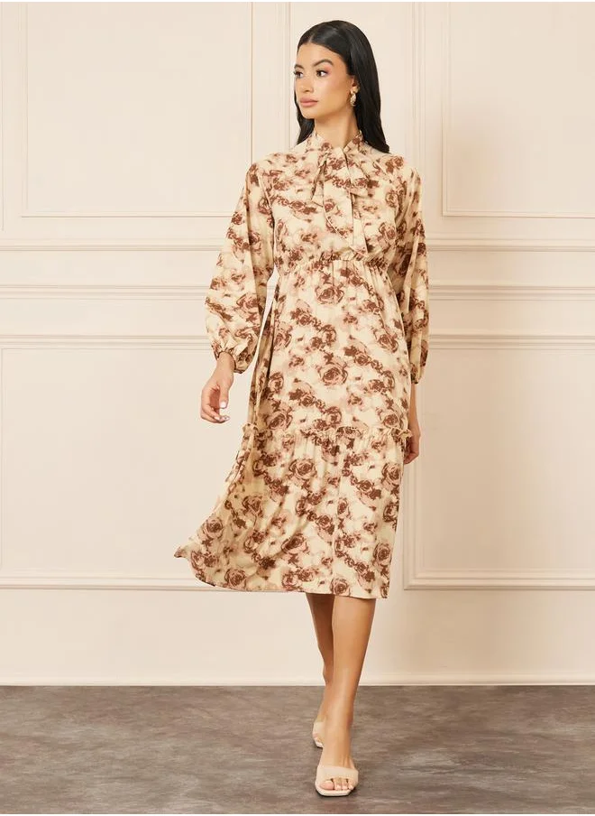 ستايلي Floral Print Tie Up Neck A-Line Midi Dress