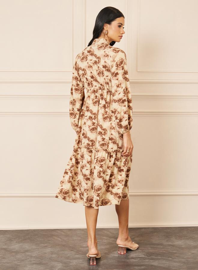 Styli Floral Print Tie Up Neck A-Line Midi Dress - Image 4