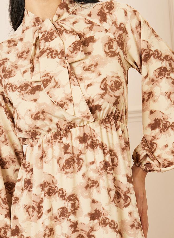 Styli Floral Print Tie Up Neck A-Line Midi Dress - Image 3