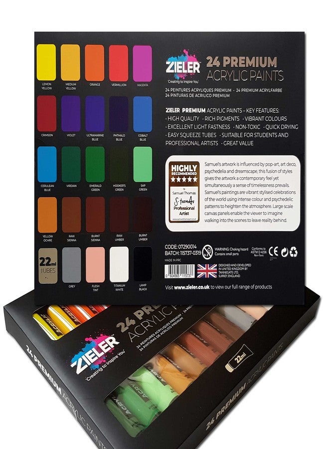 Zieler Premium Acrylic Paint Set (24 Large 22ml Tubes) Ideal for Paper, Canvas, Wood, Ceramic, Fabric & Crafts. Vibrant Colours & Rich Pigments - Image 2