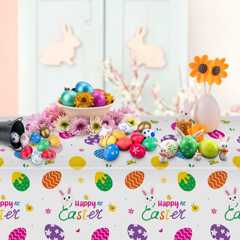 PADELO 2 Pieces Happy Easter Tablecloth, Rectangle Plastic Easter Bunny Eggs Table Cloth, Disposable Waterproof Easte Table Cover for Easte Day Tables Decorations and Party Supplies Decor, 54â€ x 108â€ - Image 2