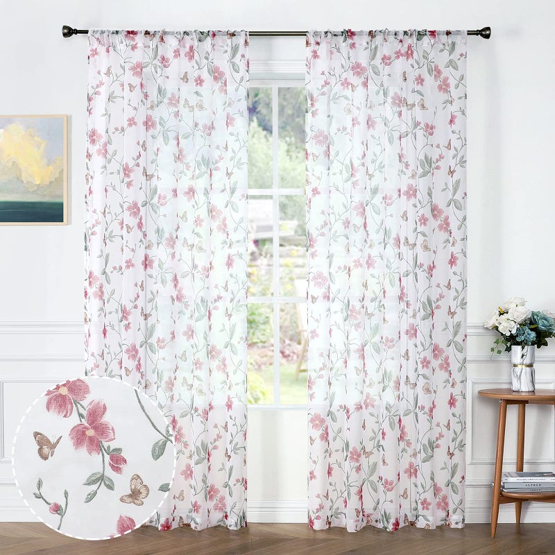 Tollpiz Tollpiz Sheer Floral Curtains Pink Flower Butterfly Printed Bedroom Curtain Rod Pocket Voile Faux Linen Short Window Curtains for Living Room 54 x 45 inches Long Set of 2 Panels