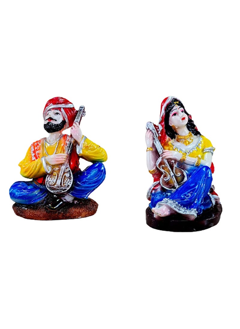 ESPLANADE ESPLANADE Resin Rajasthani Punjabi Musical Folks Showpiece Figurine Sculpture Set of 2 Decorative Items Home Decor YellowMulticolour 66 Inches  - Image 1