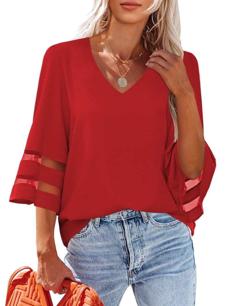 LookbookStore Women Red Blouses and Tops Fashion 2024 Summer Red Tops Womens Blouse Vneck Red Tops Blouses Plus Size Tops for Women Casual Summer Womens V Neck Blouse Size XXL - Image 1