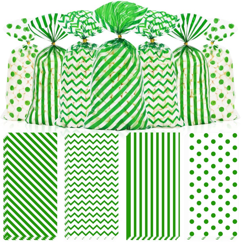 Whaline 160Pcs Green Cellophane Treat Bag St Patricks Day Goodie Bags Clear Green and White Stripe Wave Dot Candy Plastic Goody Bag with Twist Tie for St Patricks Party Supplies - Image 3
