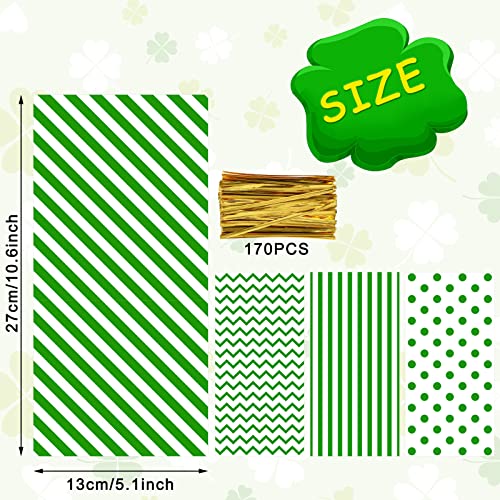 Whaline 160Pcs Green Cellophane Treat Bag St Patricks Day Goodie Bags Clear Green and White Stripe Wave Dot Candy Plastic Goody Bag with Twist Tie for St Patricks Party Supplies - Image 5