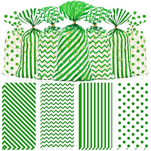 Whaline 160Pcs Green Cellophane Treat Bag St Patricks Day Goodie Bags Clear Green and White Stripe Wave Dot Candy Plastic Goody Bag with Twist Tie for St Patricks Party Supplies - Image 2