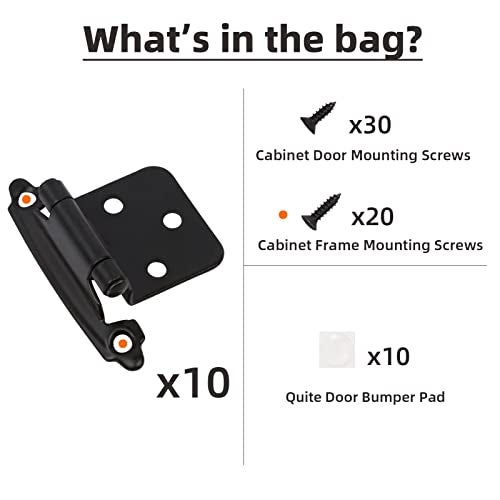 Decobasics 1/2" Overlay Matte Black Cabinet Hinges (5 Pair -10 Pcs) Self Closing Bath & Kitchen Cabinet Hinges Black Flush Mount w/Door Bumpers & Upgraded Screws - Image 4