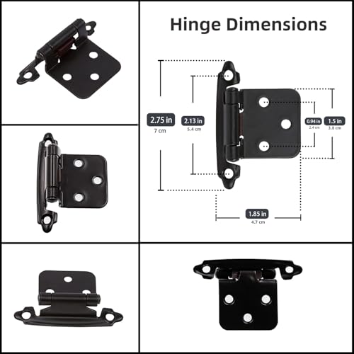 Decobasics 1/2" Overlay Matte Black Cabinet Hinges (5 Pair -10 Pcs) Self Closing Bath & Kitchen Cabinet Hinges Black Flush Mount w/Door Bumpers & Upgraded Screws - Image 3