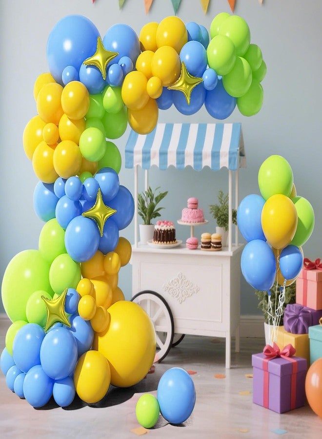 سيمبل بوليمر مجموعة قوس بالونات سيمبلي بوليمر مكونة من 97 قطعة، باللون الأزرق والأصفر والأخضر، مصنوعة من اللاتكس بألوان قوس قزح، مثالية لتزيين حفلات هاواي، وأعياد الميلاد، وحفلات السباحة. - Image 4