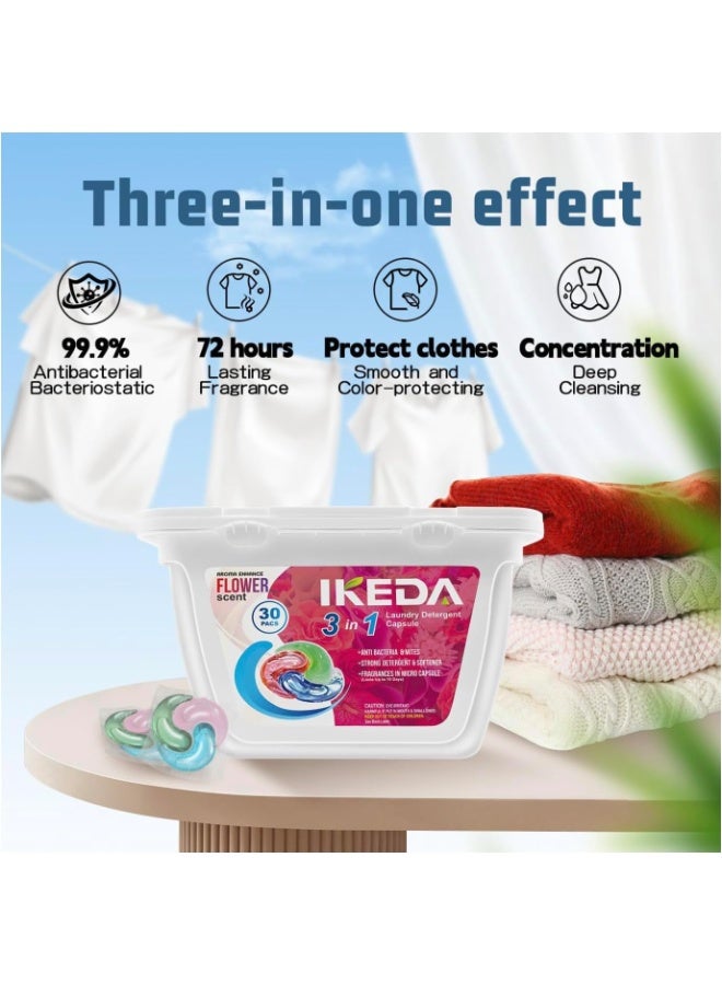 IKEDA 3-in-1 Laundry Detergent Capsules Flower Scent – 30 Pods | Detergent, Softener & Fragrance | Anti-Bacteria & Mites - Image 1
