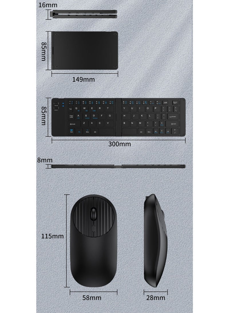 Ultra-thin foldable tri-mode rechargeable keyboard and mouse, a mini silent keyboard and mouse combo suitable for tablets, phones, and laptops with 1200dpi optical resolution. Dimensions: 300*85*8mm. Keyboard interface: Operating mode: Optical. Bluetooth. - Image 2