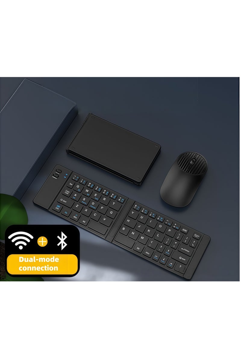 Ultra-thin foldable tri-mode rechargeable keyboard and mouse, a mini silent keyboard and mouse combo suitable for tablets, phones, and laptops with 1200dpi optical resolution. Dimensions: 300*85*8mm. Keyboard interface: Operating mode: Optical. Bluetooth. - Image 1