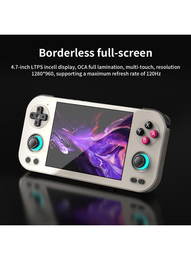 أنبيرنيك جهاز ألعاب محمول ANBERNIC RG476H مع 128GB تخزين + بطاقة ألعاب 128GB – يحتوي على 8000 لعبة – معالج RK3566The ANBERNIC RG476H handheld gaming console features a high-quality 4.7-inch LTPS full-laminated display with a 120Hz refresh rate, delivering smooth motion, vibrant colors, and a sharp visual experience. Powered by the RK3566 quad-core processor with 8GB RAM and 128GB UFS2.2 internal storage, it ensures fast performance, stable gameplay, and seamless multitasking across supported platforms. The device includes an additional 128GB game card loaded with 8000+ classic titles, giving players a massive library of retro games in one compact system.  The console supports multiple gaming platforms including PS1, PSP, NDS, N64, DC, ARCADE, NEOGEO, GBA, and Android titles. It also offers modern features such as TV screen casting, HDMI output, online gameplay via Wi-Fi, and high-performance emulation capabilities. Equipped with a 3D Hall joystick, Hall trigger buttons, six-axis gyroscope, and - Image 2