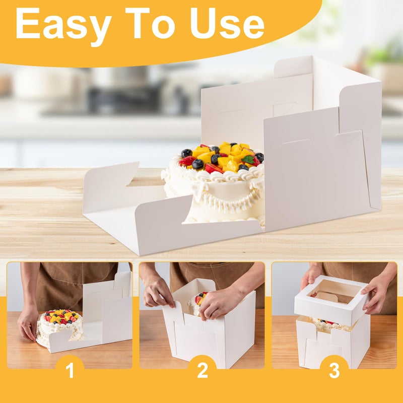Hoewina 3 Pack Cake Boxes 10 Inch, 10x10x8 Inches Tall Cake Large Box, Disposable Cakes Transport Containers with Lids, Bakery Boxes with Large Window, for Cookies Pies Cupcakes Pastry-Wedding,Birthday, Party - Image 3