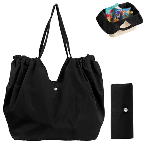 Tiltol Foldable Eco-Friendly Grocery Bags with Adjustable Drawstring Reusable Collapsible Shopping Tote for Groceries, Travel and Storage,Machine Washable Reusable,Tiny Stylish(Black) - Image 1