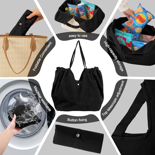Tiltol Foldable Eco-Friendly Grocery Bags with Adjustable Drawstring Reusable Collapsible Shopping Tote for Groceries, Travel and Storage,Machine Washable Reusable,Tiny Stylish(Black) - Image 5