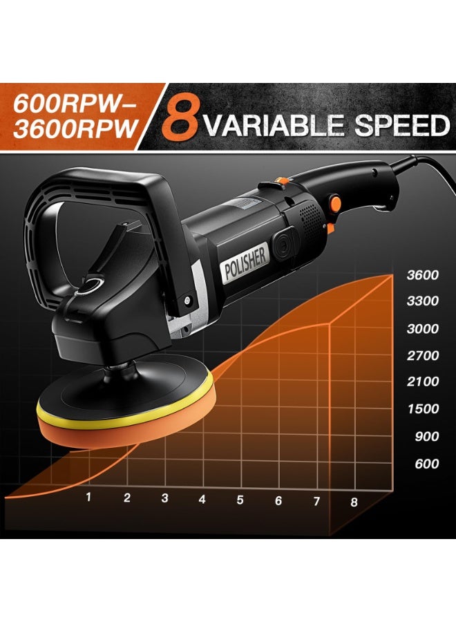 ZLH HITY 1800W Car Polisher, 8 Variable Speeds, 600-3600 RPM, Car Buffer Polisher Machine with 13PCS 6-Inch/150 mm Polish Pads for Car Waxing and Polishing Care - Image 2