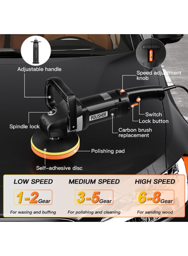 ZLH HITY 1800W Car Polisher, 8 Variable Speeds, 600-3600 RPM, Car Buffer Polisher Machine with 13PCS 6-Inch/150 mm Polish Pads for Car Waxing and Polishing Care - Image 3