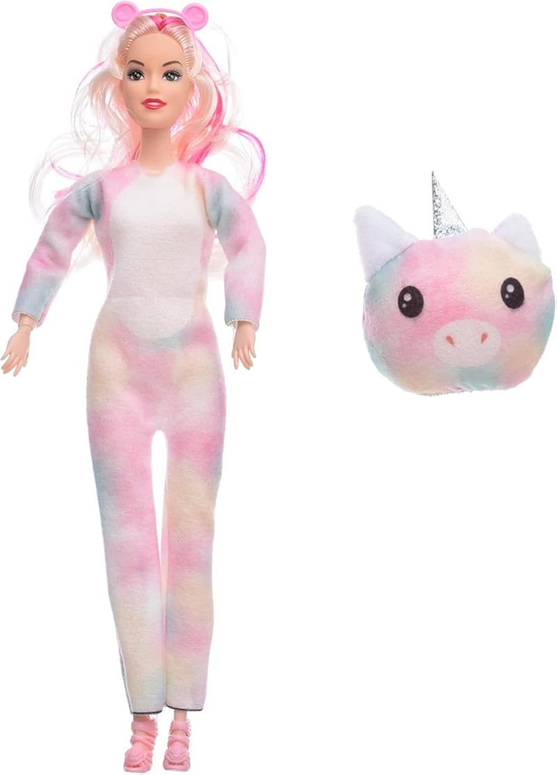 Plastic Pretty Doll With Long Colorful Hair And Cute Unicorn Shaped Suit Add More Entertaining For Girls Set Of 2 Pieces - Multi Color