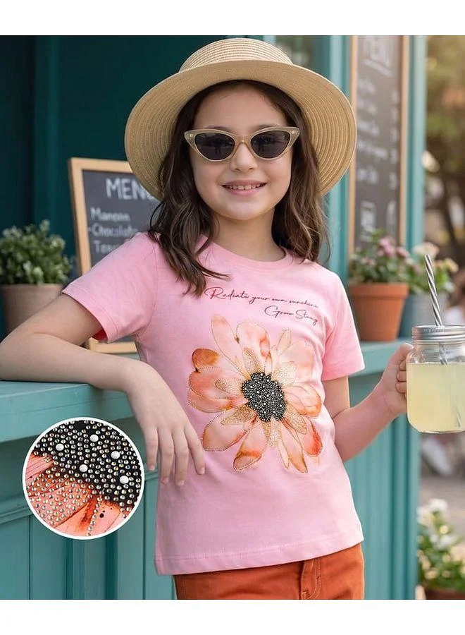 Pine Kids Pine Kids Cotton Knit Half Sleeves Embellished T-Shirt - Pink