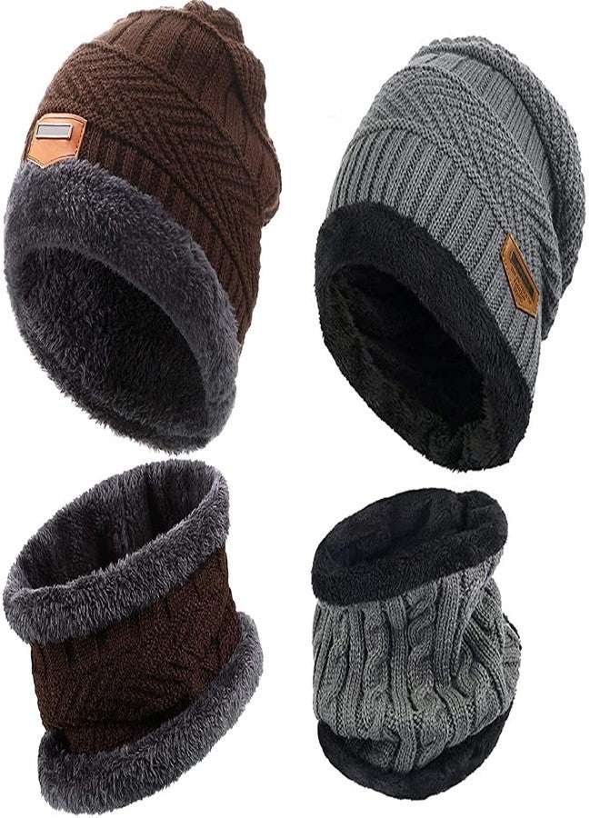 Atipriya Woolen Beanie/Skull Cap & Neck Warmer (Muffler) Combo for Winters with Faux Fur Inner Side | Warm Hat | Pack of 2 Set (Brown & grey cap with neck mufflers) - Image 1