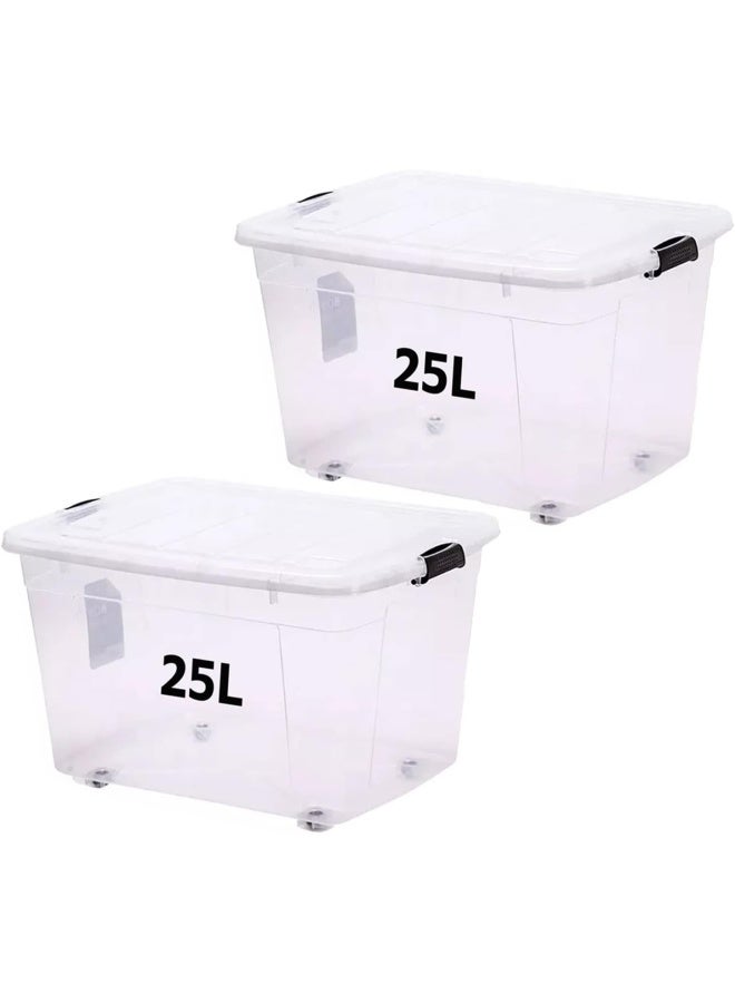 Premify Storage Box 25 L With Lockable Lid & Wheels Clear Plastic Organizer – 2 Pieces Transparent Boxes Storing Clothes, Toys, Tools, Medicine, Office Supplies, Documents, Arts & Crafts, Kitchen Etc. - Image 1